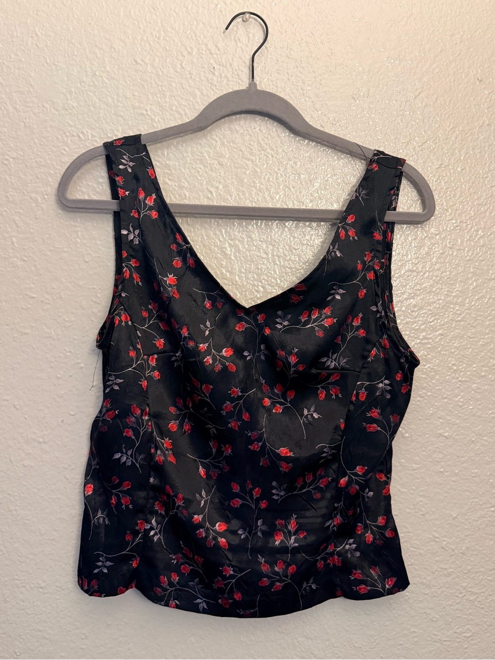 Black Floral Satin V-Neck Women's Tank Top